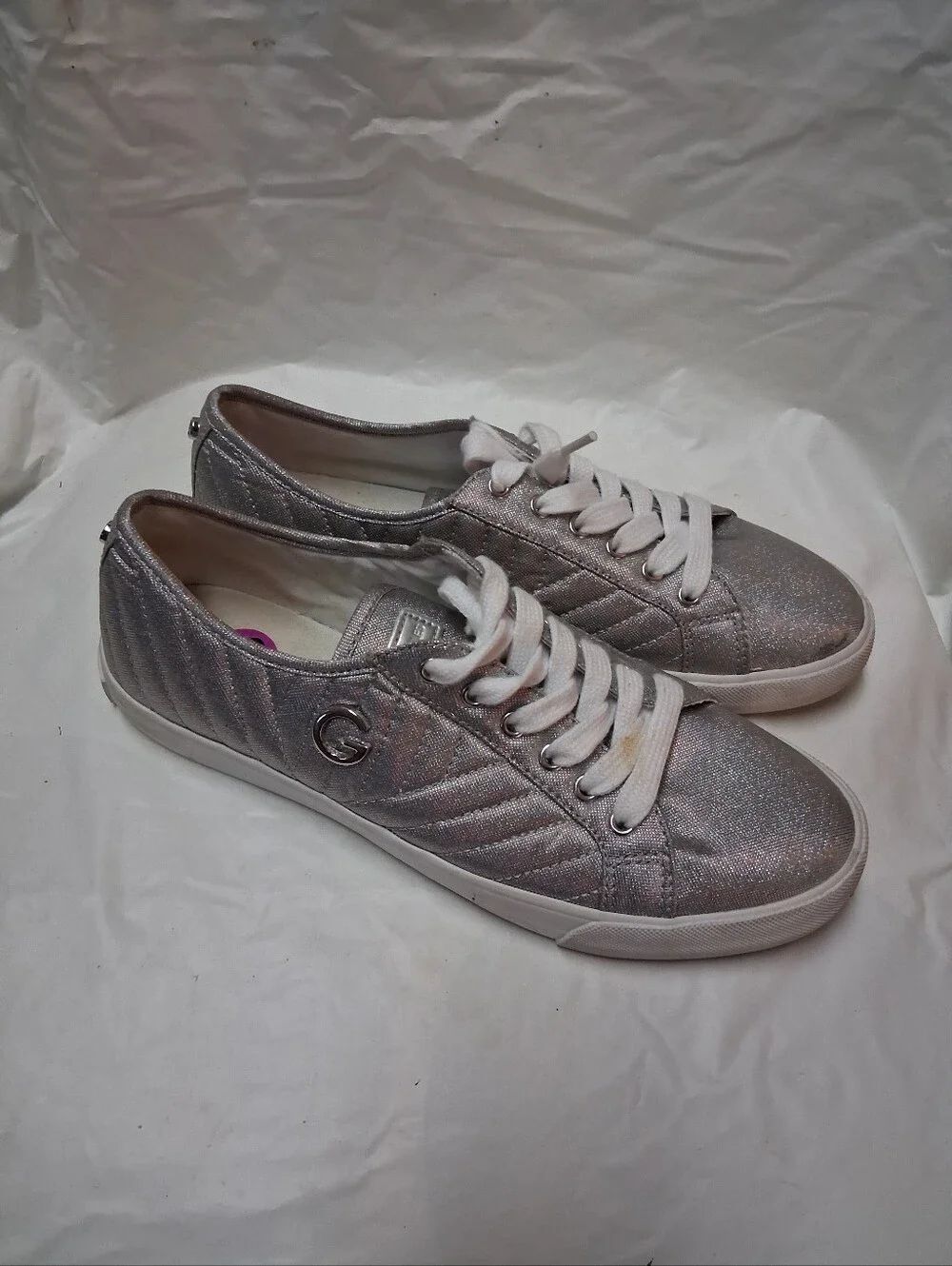 G By Guess Women's Glitter Lace-Up Casual Sneakers - Silver Size 8.5 Preowned